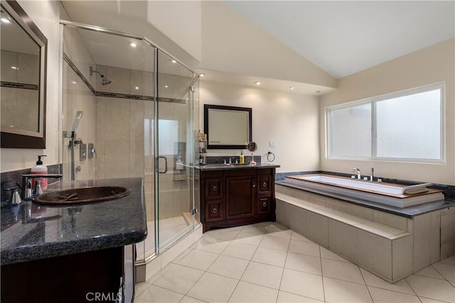 bathroom featuring a shower with door, tile patterned floors, vanity, and high vaulted ceiling