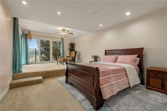 bedroom with ceiling fan, carpet, and lofted ceiling