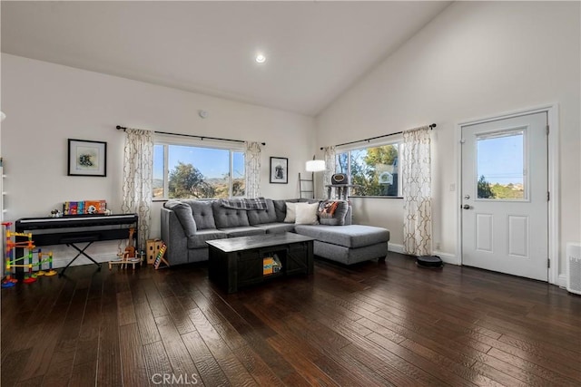 living room with high vaulted ceiling and dark wood-type flooring