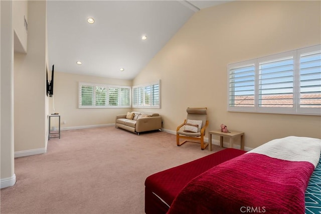 bedroom featuring carpet floors and high vaulted ceiling