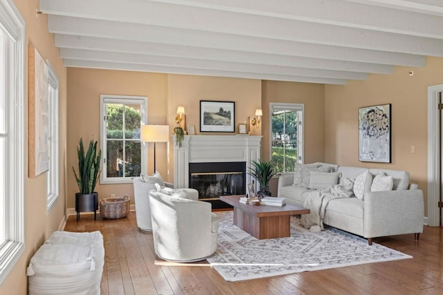 living room featuring hardwood / wood-style flooring, beam ceiling, and a healthy amount of sunlight