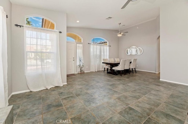 dining room featuring visible vents, baseboards, arched walkways, a ceiling fan, and recessed lighting