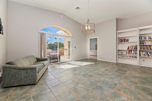 living area featuring baseboards, visible vents, tile patterned floors, vaulted ceiling, and a notable chandelier