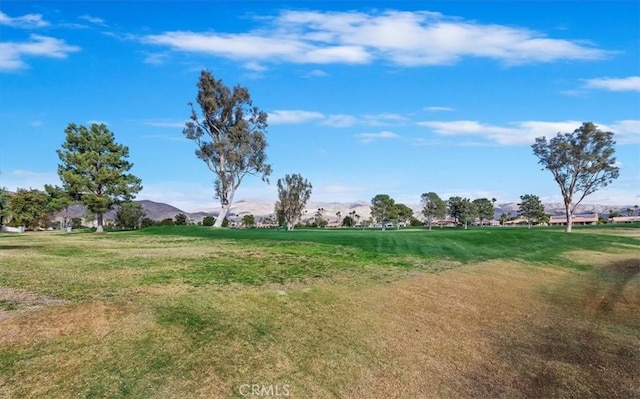 view of community featuring a lawn and a mountain view