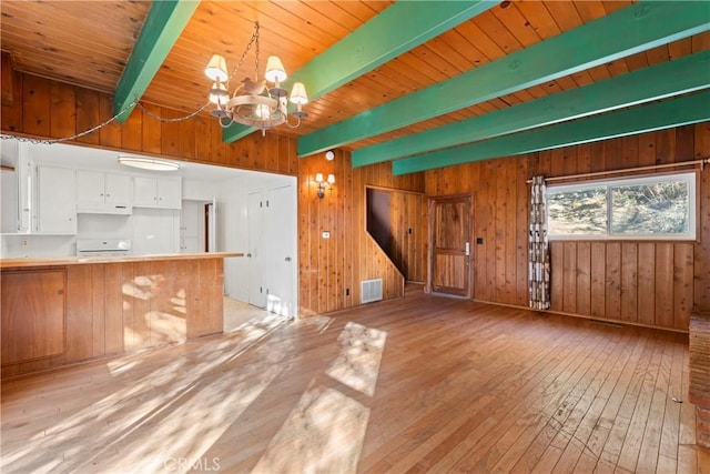 interior space featuring visible vents, beam ceiling, an inviting chandelier, wood walls, and light wood finished floors