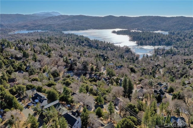 birds eye view of property with a water and mountain view and a wooded view