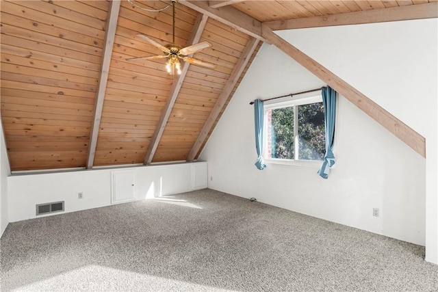 bonus room featuring vaulted ceiling with beams, wood ceiling, visible vents, and carpet floors