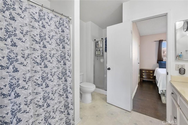 bathroom featuring toilet, vanity, and curtained shower