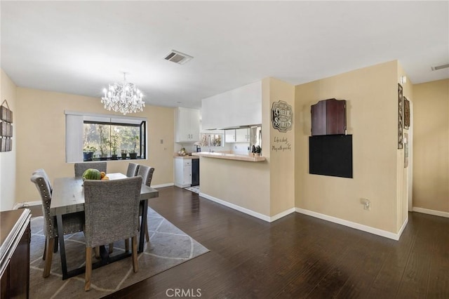 dining area with dark hardwood / wood-style floors and a chandelier