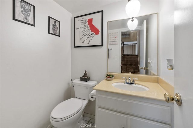 bathroom featuring toilet, tile patterned flooring, and vanity