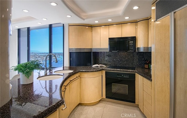 kitchen with decorative backsplash, sink, a raised ceiling, and black appliances