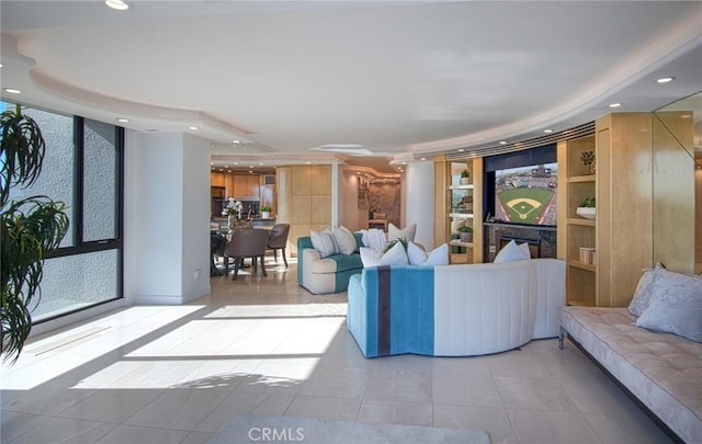 tiled living room featuring built in features