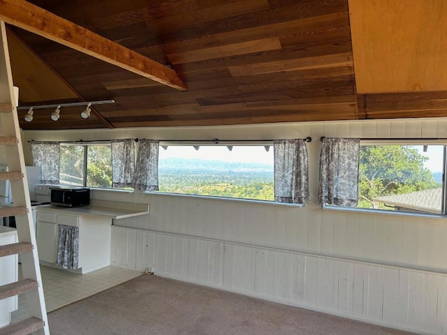 unfurnished room with lofted ceiling, wooden walls, track lighting, and carpet flooring