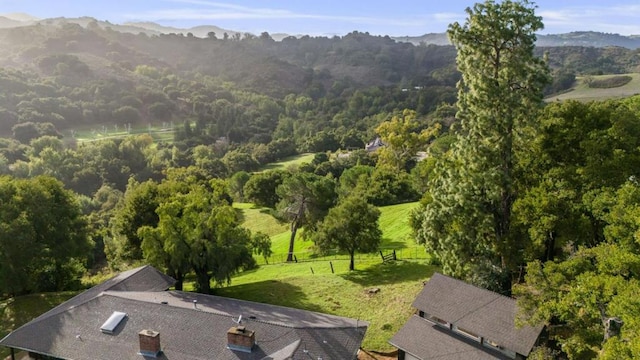 drone / aerial view featuring a mountain view