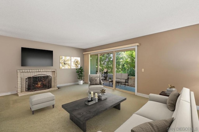 carpeted living room featuring a fireplace