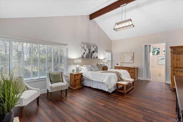 bedroom with high vaulted ceiling, dark wood-type flooring, baseboards, beam ceiling, and ensuite bath