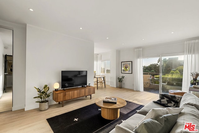 living room with ornamental molding and light wood-type flooring