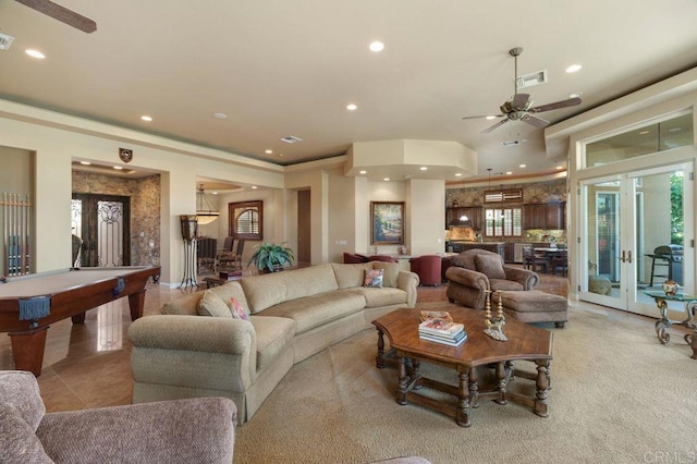 living area featuring french doors, billiards, and recessed lighting