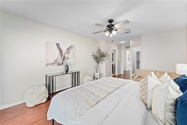 bedroom with ceiling fan, a closet, and dark hardwood / wood-style floors