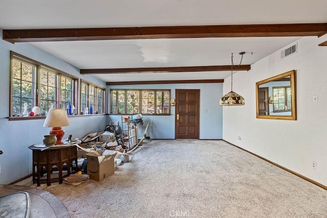 miscellaneous room with carpet floors, plenty of natural light, and beamed ceiling