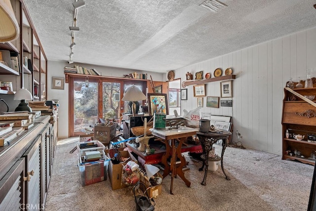 miscellaneous room featuring a textured ceiling, light colored carpet, and wood walls