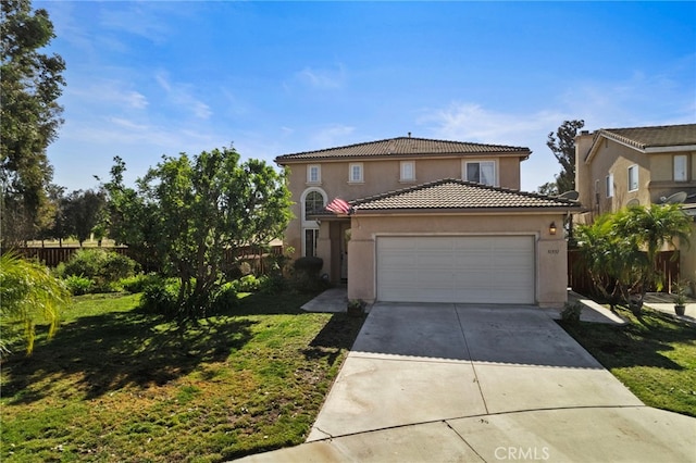 view of front of property featuring a garage, a tile roof, driveway, stucco siding, and a front lawn