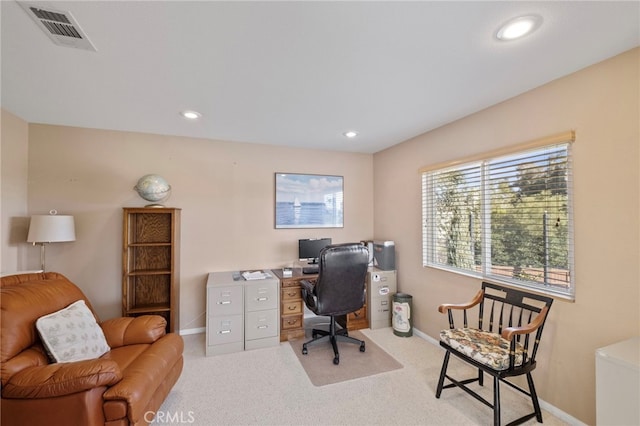 carpeted office with recessed lighting, visible vents, and baseboards