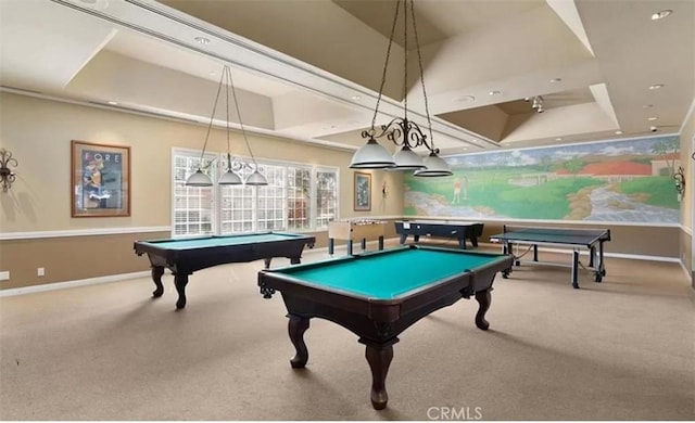 playroom with a tray ceiling, recessed lighting, pool table, carpet flooring, and baseboards