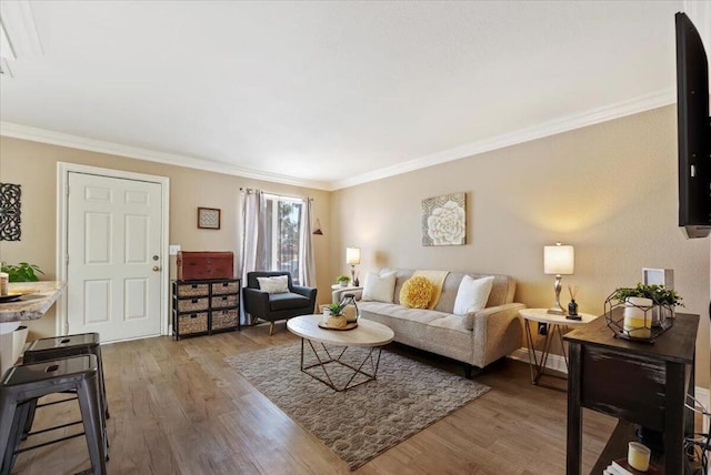 living room featuring ornamental molding and light hardwood / wood-style floors