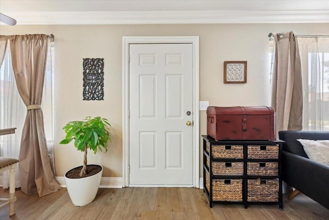 foyer entrance with crown molding and light wood-type flooring