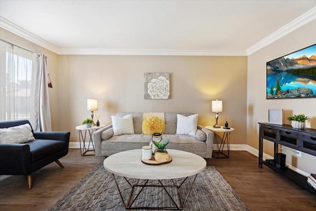 living room with dark hardwood / wood-style flooring and crown molding