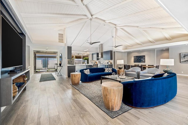 living room featuring ceiling fan, hardwood / wood-style floors, and lofted ceiling with beams