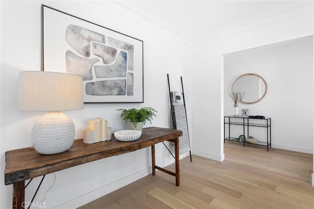 interior space featuring light hardwood / wood-style flooring and ornamental molding