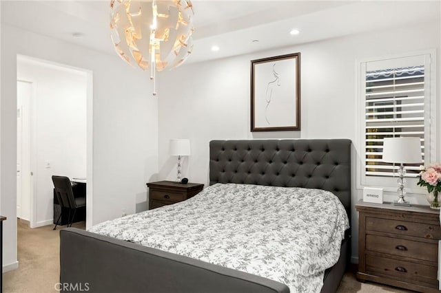 bedroom with recessed lighting, light carpet, and baseboards