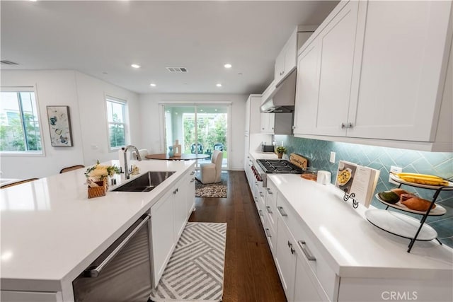 kitchen featuring white cabinets, tasteful backsplash, an island with sink, sink, and stainless steel dishwasher