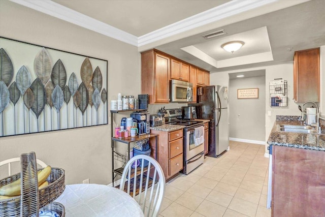 kitchen featuring crown molding, sink, dark stone countertops, appliances with stainless steel finishes, and a tray ceiling