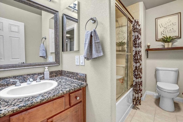 full bathroom featuring tile patterned floors, vanity, shower / tub combo, and toilet