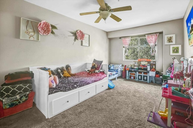 rec room with carpet floors and ceiling fan