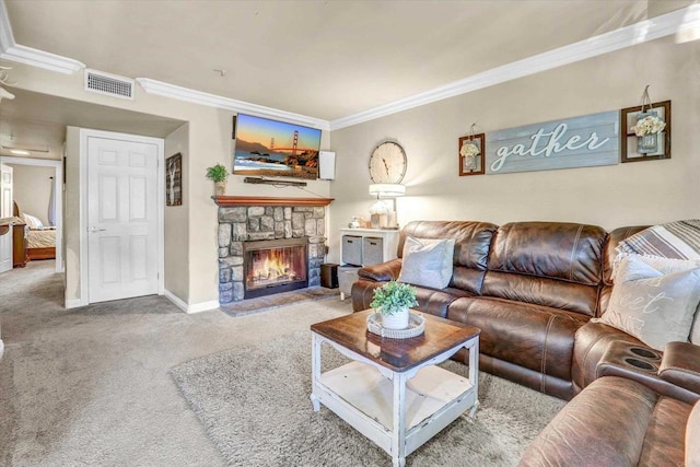 living room featuring a fireplace, carpet floors, and crown molding