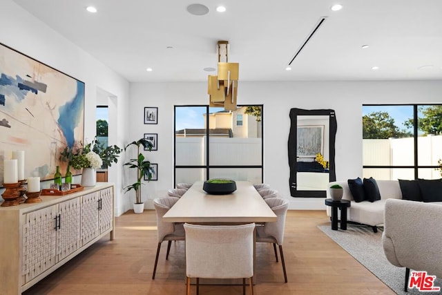 dining space with light wood-type flooring and a healthy amount of sunlight