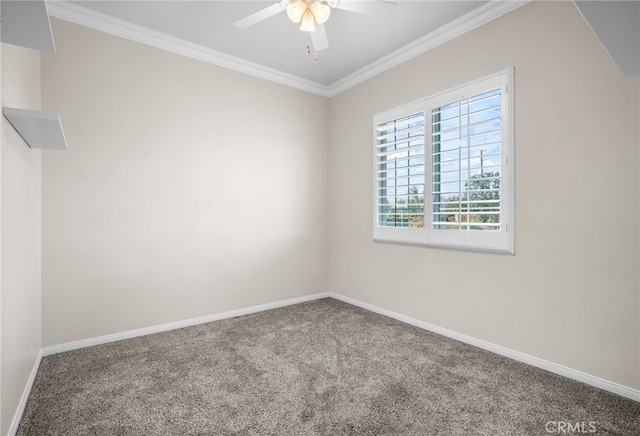 empty room with ceiling fan, ornamental molding, and carpet floors