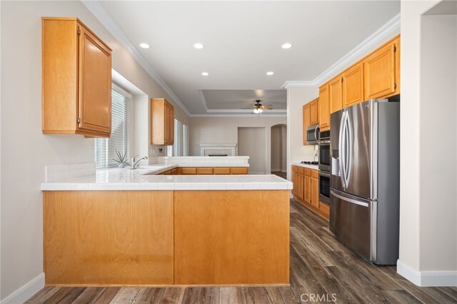 kitchen with dark wood-type flooring, stainless steel appliances, kitchen peninsula, and ceiling fan