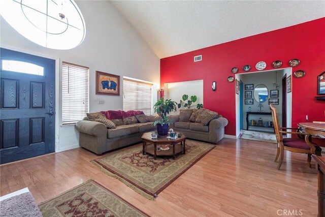 living room featuring high vaulted ceiling and hardwood / wood-style floors