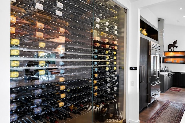 wine cellar featuring electric panel and dark hardwood / wood-style floors