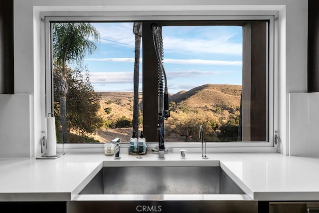 interior details featuring a mountain view and sink