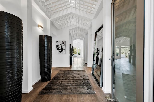 hall featuring dark hardwood / wood-style flooring and a towering ceiling