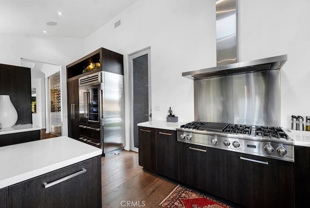 kitchen with dark wood-type flooring, appliances with stainless steel finishes, lofted ceiling, and range hood