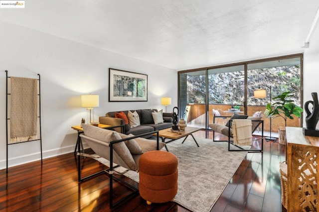 living room with dark hardwood / wood-style flooring, a healthy amount of sunlight, and a wall of windows