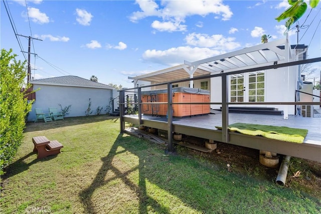 view of yard featuring a pergola, a deck, and a hot tub