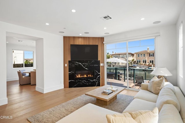 living room with a premium fireplace and light wood-type flooring